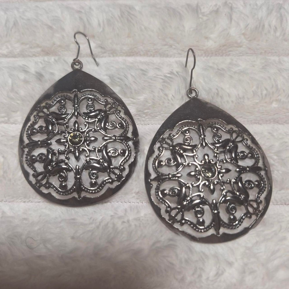 Silver Filigree Teardrop Earrings Boho Mandala Rhinestone Statement‎ Dangle